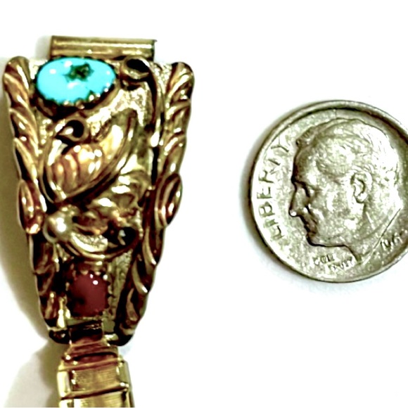 👑🦋🥀 Signed - Billy Slim, Navajo. Vintage 12KT GF Sterling Turquoise Coral Watch - Picture 10 of 12